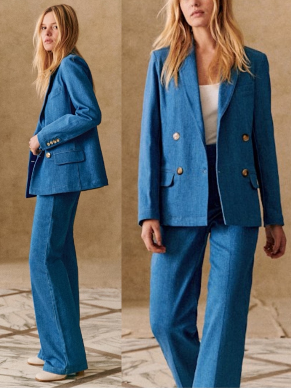 SEZANE NWT Blue Denim Cotton Double Breasted Lapels Blazer Christie Suit Jacket - Picture 6 of 17